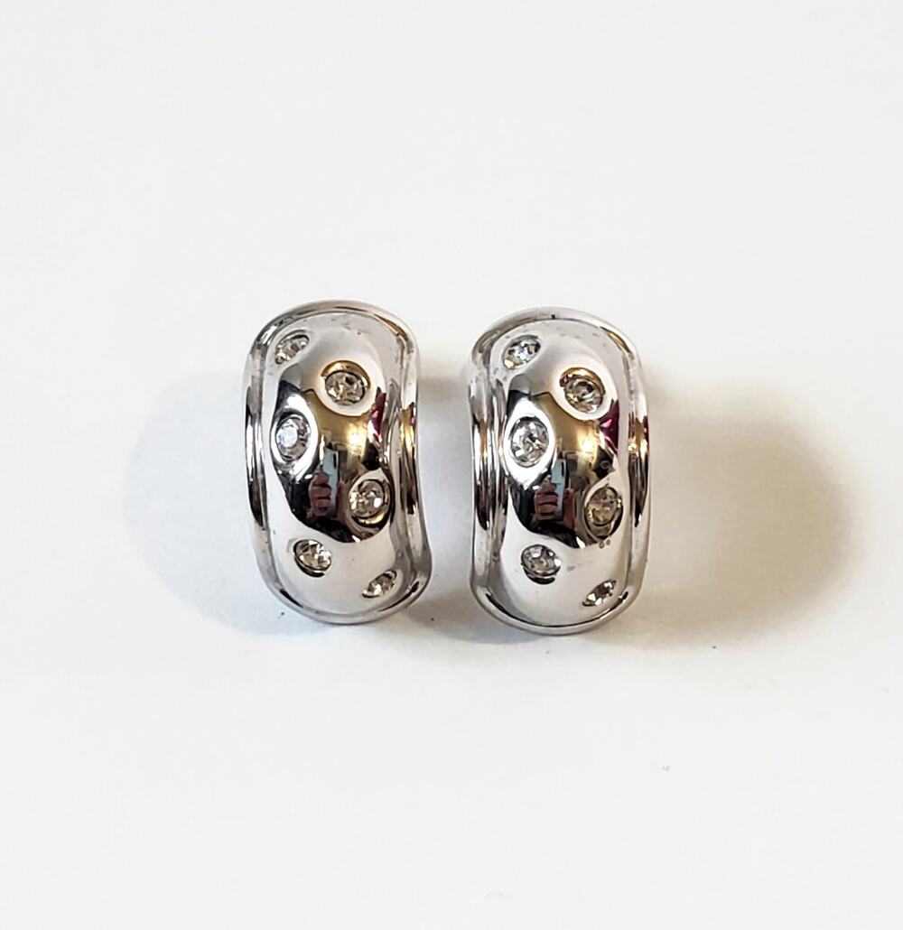 Vintage Nolan Miller Silver Tone Pave Rhinestone Half Hoop Earrings